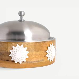 Casserole en bois avec accents floraux, couvercle en dôme argenté, intérieur en acier inoxydable, isolée, antiadhésive, chauffe-plats pour table de qualité supérieure - Product Image 3