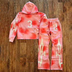 Ensemble sweat à capuche et pantalon de survêtement zippés de style personnalisé avec patch de détresse et lavage à l'acide Survêtement évasé pour hommes - Product Image 3