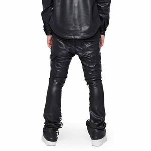 กางเกงวอร์มหนังสีดำสำหรับผู้ชายกางเกงวิ่งเอวกลางผ้าใบพร้อมโลโก้สตรีทแวร์กางเกงขาบานสำหรับ2025 - Product Image 5