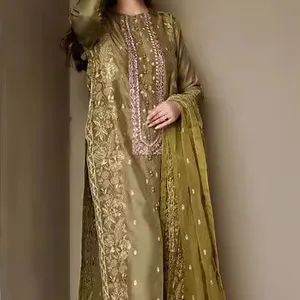 Indian/Pakistani Zari Embroidery Kurta Pant <b>Dupatta</b> Party Wear Dress Crystal Glass Beads Dabka Work Lace 2024 Collection - Product Image 1