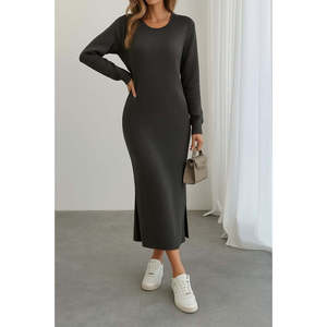 Vestido Midi de Punto con Cuello Redondo y Manga Larga para Mujer de Jane's, con Detalle de Abertura Lateral - Ropa Casual Elegante para el Día a Día - Product Image 2