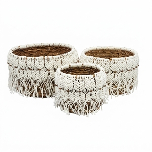 Ensemble de paniers de rangement en macramé à franges en écorce de bananier naturelle, couleur crème, style bohème, pour plantes rondes, organisateur de décoration, design artistique pur - Product Image 1