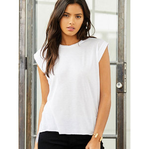 Women's Flowy Scoop Muscle Tank <b>Top</b> Shirt B8803 <b>Sleeveless</b> Vest Ladies Flowy Rolled Cuffs Muscle White Tee - Product Image 1