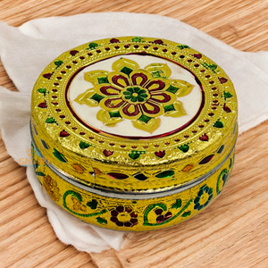 Meenakari Dibba redondo chapado en oro de acero inoxidable para decoración del hogar y regalos - Product Image 2