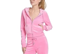 Ensemble de survêtement en velours 2 pièces pour femme enceinte, à capuche, léger, respirant, coupe-vent, rose, haut court et pantalon de jogging - Product Image 2