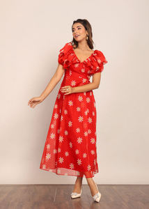 Vestido Midi Floral Rojo y Blanco Personalizado para Mujer 2024, Producto de Alta Calidad con Acabado Superior, Vestido Midi de Una Pieza para Mujer y Niña - Product Image 2
