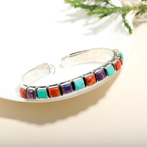 Violet/Vert Cuivre Turquoise Éponge Corail Femmes Bracelet Ouvert Pur 925 Solide En Argent Sterling Double Pierre Bracelet Bracelets - Product Image 3