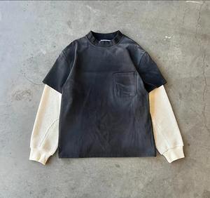 T-shirt surdimensionné en coton tricoté gaufré pour hommes, lavé à l'acide, délavé au soleil, T-shirt à manches longues double épaisseur - Product Image 1