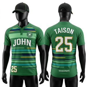 เสื้อรักบี้ชาย 225 GSM ผ้าตาข่ายโพลีเอสเตอร์พรีเมียม สีเขียว ขาว ทอง แถบแขนเสื้อพิมพ์ลายสกรีน ออกแบบโลโก้ตามสั่ง - Product Image 3