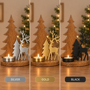 Modern <b>Wooden</b> <b>Christmas</b> <b>Tree</b> And Reindeer Decor Set Tabletop Holiday Decoration Multi Piece Package Winter Home Ornament - Product Image 5