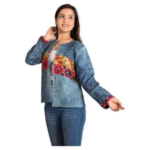 Chaqueta Vaquera de Mezclilla Tejida Regular con Estilo para Mujer, Bordado de Espejo, Diseño Vintage, Ecológica, Transpirable, de Algodón, Teñida e Impresa para Invierno - Product Image 2