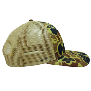 Casquette en toile structurée jaune camouflage à 6 panneaux avec logo brodé/tissé contrastant, fermeture snapback à boucle simple en plastique - Product Image 3