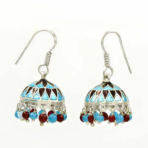 Bijoux d'artisan indien ethnique en argent sterling 925 avec incrustation de grenat-turquoise et topaze bleue Boucles d'oreilles Boho pour elle - Product Image 1