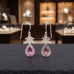 Womens 925 <b>Sterling</b> <b>Silver</b> Bohemian Drop <b>Earrings</b> Butterfly Pattern Pear Cut Freshwater Pearl Pink Morganite Bezel <b>Set</b> Handmade - Product Image 1