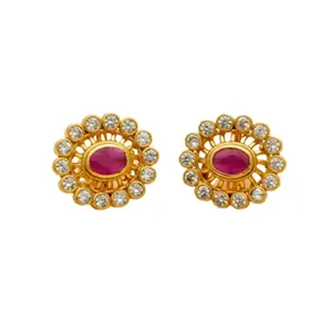 Modishing Silver 22 Carat Gold Plated Zircon Ruby Stone Studded Women Antique Hand Crafted Earring for Cocktail at Best Price