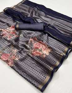 Vêtements de fête de mariage de style indien pakistanais imprimé poly viscose saree en soie tissée à la main de concepteur - Product Image 2