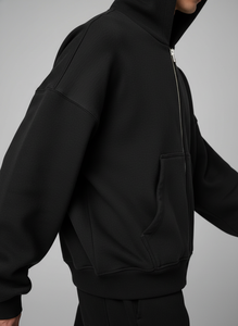 Sudadera con Capucha Unisex Negra con Cremallera Completa, Hombros Caídos, Felpa, Personalizable con Logotipo, Estilo Urbano, Abrigo de Invierno - Product Image 4