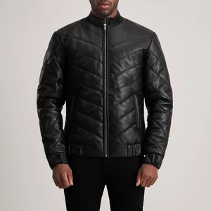 Custom Black <b>Leather</b> Puffer <b>Jacket</b> for Men Stand Collar & Front Closure Winter Casual Style OEM Service Available - Product Image 1