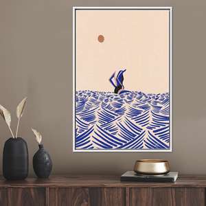 Impression artistique abstraite de fille nageuse : toile minimaliste à vagues bleues, toile encadrée blanche - Product Image 1