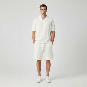 Set Personalizzato da <span class=keywords><strong>Uomo</strong></span>: Top in <span class=keywords><strong>Maglia</strong></span> <span class=keywords><strong>a</strong></span> <span class=keywords><strong>Costine</strong></span> 100% Cotone e Pantaloncini con Elastico in Vita, Maglione da Loungewear - Product Image 1