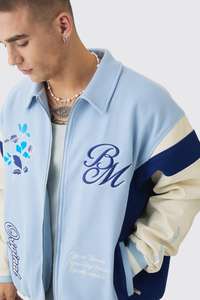 Blouson aviateur universitaire en laine style sport classique pour hommes, léger, hiver, matelassé en nylon, fermeture à glissière, ourlet côtelé aux poignets - Product Image 3