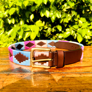 เข็มขัดโปโลหนังควายสีกุหลาบชมพู & ฟ้าหัวเข็มขัดทองเหลืองแข็งกว้าง35มม. สำหรับการขี่ม้า - Product Image 2