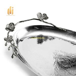 Bandeja para servir de acero inoxidable martillado ovalada pequeña con asas de rama negra Plato decorativo hecho a mano de cocina para té y café - Product Image 6