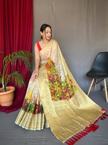 Sari tejido de organza Zari con borde tejido de zari dorado de 8 pulgadas con diseño de anokhi jaal y rico Sari pallu tejido - Product Image 3