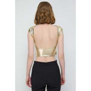 Blusa Casual Brillante sin Espalda con Cuello Redondo y Manga Corta, 100% Poliéster - Product Image 5