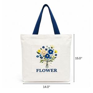 Bolsa de Mano de Lona de Algodón Mediana con Bordado Floral, Resistente al Agua, Hecha a Mano, Color Azul Aura, de Priglob Exim, para Compras - Product Image 1