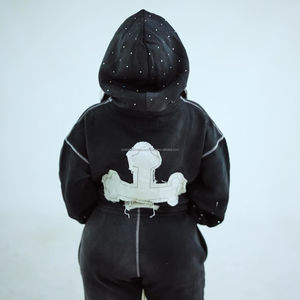 Custom Manufactured Streetwear Oversized Patch Embroidery Distressed <b>Rhinestone</b> Cropped Acid Wash Hoodie and Flare Sweatpants - Product Image 3