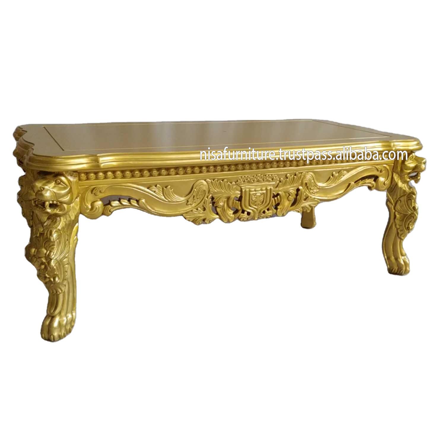 アンティークlion Glass Top Coffee Table Vintage Walnut Coffee Table with Carved Lion and Glass Top