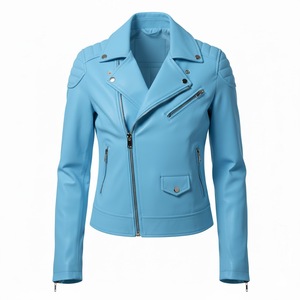Veste de moto en cuir bleu ciel pour femmes en gros, veste de motard en peau de mouton véritable personnalisée pour les commandes en gros, vêtements d'extérieur professionnels - Product Image 2