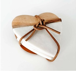 HEART SHAPED <b>Marble</b> Heart Coasters Set of 4 Natural Wood and <b>Marble</b> Mango coaster Made in India - Product Image 4