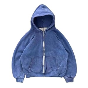 Sweat à capuche zippé en détresse personnalisé 100% coton éponge française lavage à l'acide avec motif de lettres françaises fanées pour l'hiver - Product Image 4