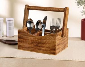Hot Selling 4 Compartments Wooden Cutlery Holder With Handle For Kitchen Countertop Tabletop Restaurant - Product Image 4