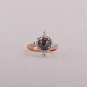 Anel de 1 quilate com diamante de sal e pimenta com corte de almofada/anel de noivado com diamante vintage Marquise