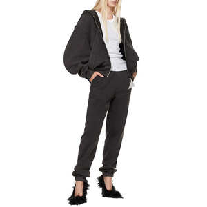 Sweat à capuche ample personnalisé avec fermeture éclair, épaules tombantes, coupe courte, manches longues bouffantes, effet délavé vintage, grande capuche, patchwork, pour femme - Product Image 2