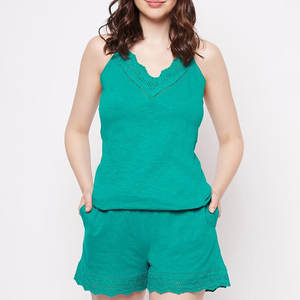 Conjunto de pantalones cortos de algodón de primera calidad para mujer Llegada de Pakistán Cordón sin mangas Patrón sólido por encima de la rodilla - Product Image 1