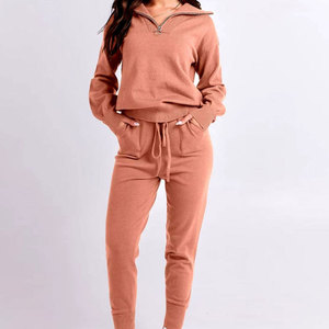 Women's Winter Solid Ribbed <b>Knit</b> <b>Set</b> Two Piece Matching Outfit Long Sleeve Wide Leg Casual Homewear 100% Cotton Eco-Friendly - Product Image 4