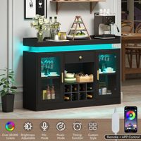 Meuble de bar à café noir moderne avec éclairage LED et porte-bouteilles, buffet avec étagères réglables pour salle à manger