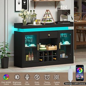 Mueble de Bar Moderno en Negro con Luces LED y Estante para Vinos, Aparador Buffet con Estantes Ajustables para Comedor - Product Image 1