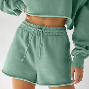 Femmes décontracté été 2 pièces ensemble couleur unie manches longues au-dessus du genou Logo personnalisé 100% coton culture chemise pantalon court nouveauté - Product Image 2