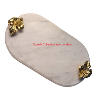 Bandeja de servicio de mármol blanco de lujo con elegantes asas de hoja de oro Plato decorativo de piedra Natural Premium para queso y decoración del hogar - Product Image 5
