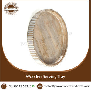 Design personnalisé rond sculpté manguier bois plateau de service/plateau de service alimentaire en bois avec poignée pour hôtel, restaurant fournisseur en vrac - Product Image 2