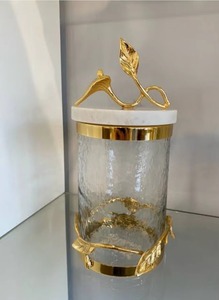 Recipiente de metal y vidrio de alta durabilidad con patrón de hojas Recipiente de regalo elegante para condimentos El MEJOR PRECIO DE LA India - Product Image 4