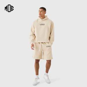 Streetwear personnalisé décontracté 2 pièces recadrée ourlet ouvert surdimensionné à capuche et ensemble court respirant français éponge survêtement en détresse - Product Image 1