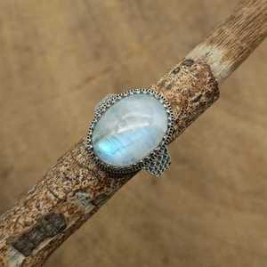 Anillo de estilo bohemio Vintage Banda ancha Plata de Ley 925 piedra preciosa de arcoíris natural con piedras preciosas de perlas de diamante bodas - Product Image 1