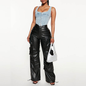 Women Leather Cargo <b>Pants</b> High Waist Loose Fit Full Length Solid Color Streetwear Winter Style With Pockets Zipper Fly - Product Image 4