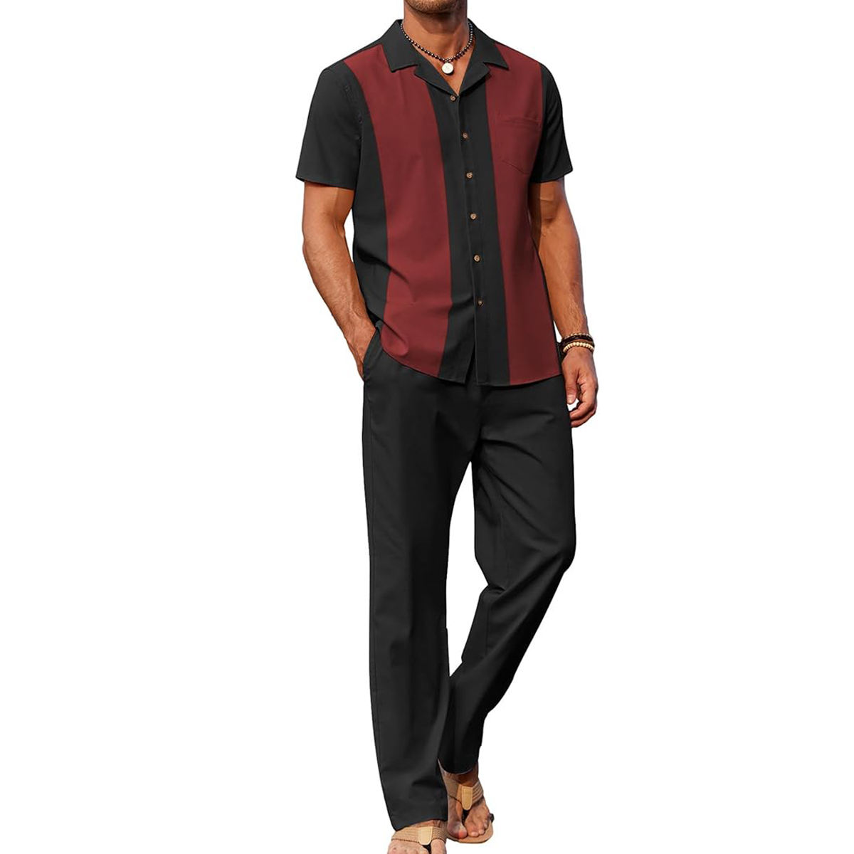 Black Patchwork Wine Red ShirtBlack Pants